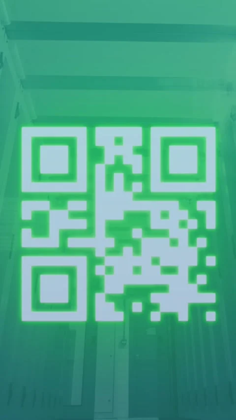 Animation of neon qr code scanner and data processing against computer server Vídeos de archivo 344803158