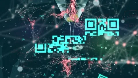 Animation of neon qr code, white spots and network of connections against Stock Footage 326761065