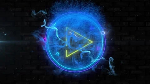 Animation of neon red play button icon and blue digital wave against brick wall Stock Footage 329169598