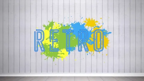 Animation of neon retro text and blot over white background Stock Footage 330174752