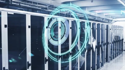 Animation of neon round scanner against plexus networks over computer server Stock Footage 325774037