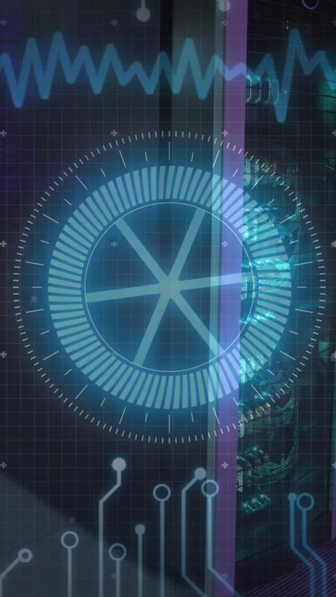 Animation of neon round scanner and microprocessor connections against empty Vídeo Stock 322209576