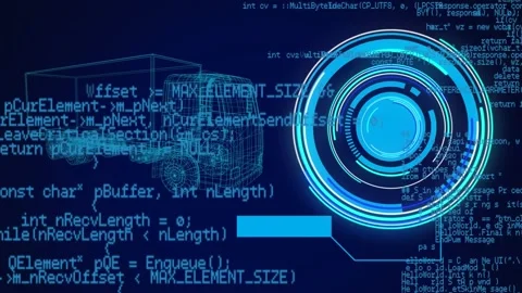 Animation of neon round scanner and data processing over 3d truck model against Stock Footage 327444883