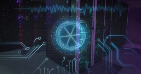 Animation of neon round scanner and microprocessor connections against empty Vídeo Stock 327592347