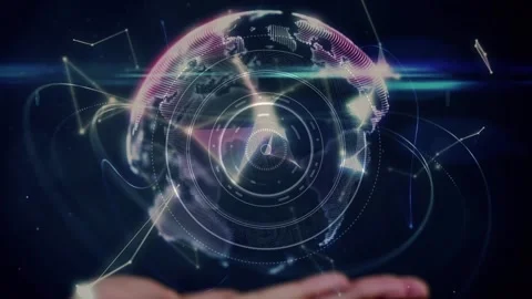 Animation of neon round scanner and globe of plexus networks over cupped hand Stock Footage 327785948