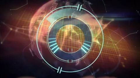 Animation of neon round scanner and globe of plexus network over a hand against Stock Footage 328256820