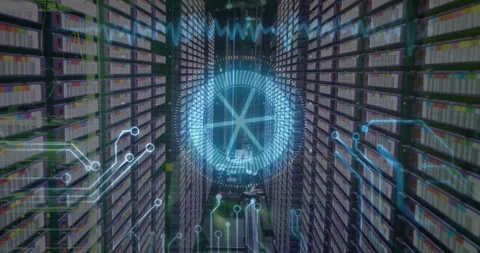 Animation of neon round scanner and microprocessor connections against empty Stock Footage 328518686