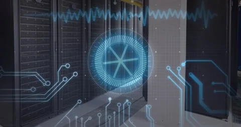 Animation of neon round scanner and microprocessor connections against empty Stockbeeldmateriaal 328518687