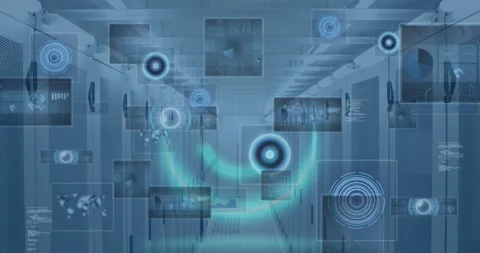 Animation of neon round scanner and data processing against computer server room Vídeos de archivo 329223151
