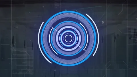 Animation of neon round scanner and data processing against computer server room Vídeos de archivo 329368691