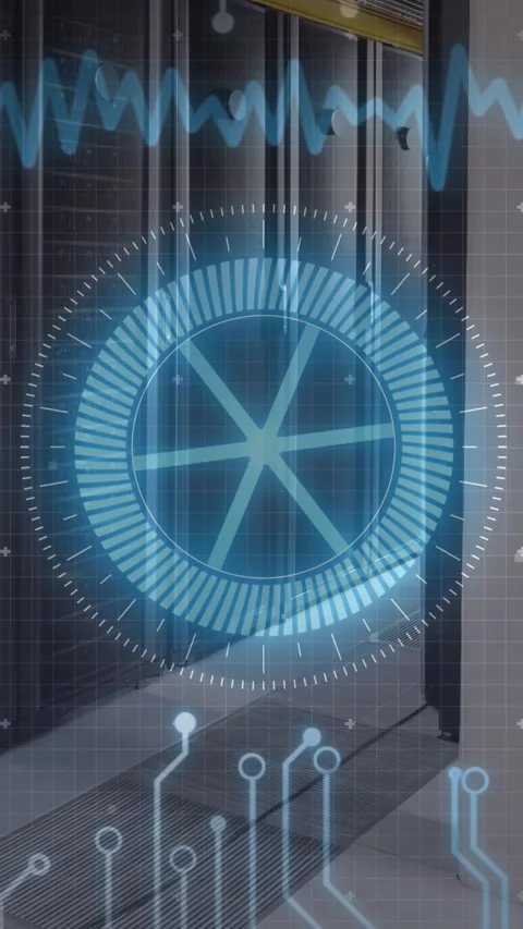 Animation of neon round scanner and microprocessor connections against empty Vídeo Stock 342600296