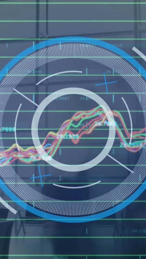 Animation of neon round scanner and data processing against time-lapse of people Stock Footage 343779797