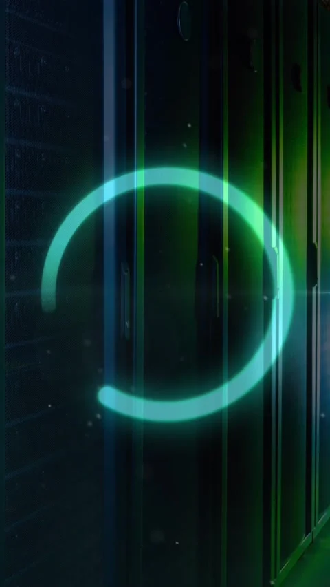 Animation of neon round scanner and white particles against computer server room Stock Footage 343828129