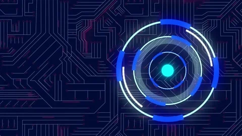 Animation of neon round scanner spinning over microprocessor connection on blue Stock Footage 236961991