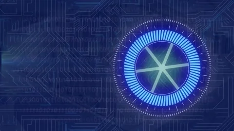 Animation of neon round scanner spinning over microprocessor connections and Stock Footage 236961997