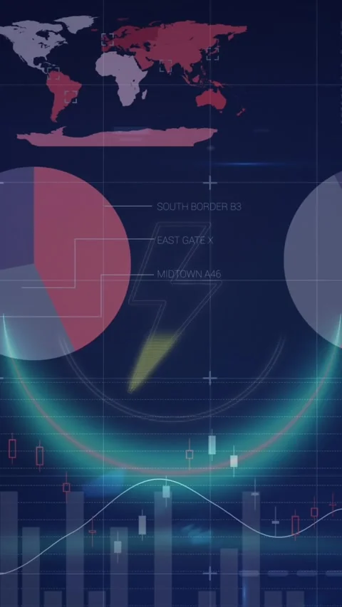 Animation of neon round shape over thunderbolt symbol against statistical data Stock Footage 344693774