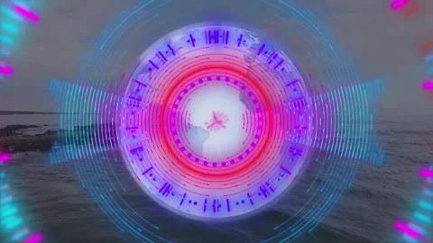 Animation of neon shapes and globe rotating over seascape Video stock 326762753