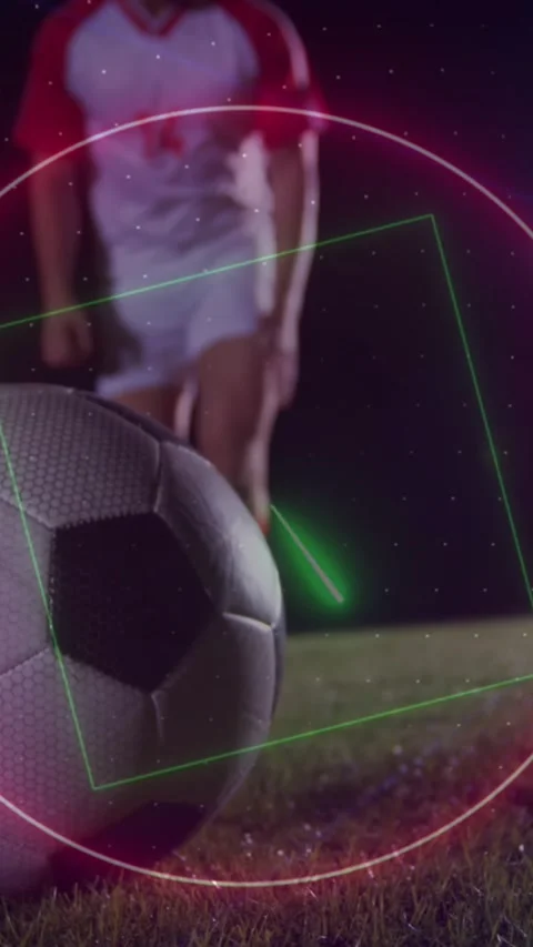 Animation of neon shapes and light trails against caucasian male soccer player Stock Footage 341956247