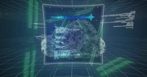 Animation of neon shapes and screens with diverse data and digital cloud in navy Stock Footage 330115212
