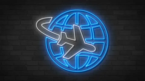 Animation a neon sign a blue globe with a white airplane flying around it. Stock Footage 236497853
