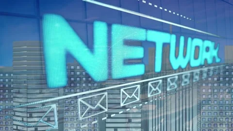 Animation of neon social networking text banner an message icons against 3d city Stock Footage 330584111