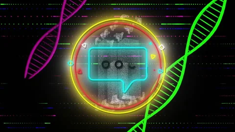 Animation of neon speech bubble with DNA strands on digital coding background Stock Footage 305010075