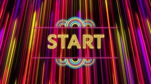 Animation of neon start text banner over light trails in seamless pattern on Stock Footage 328648894