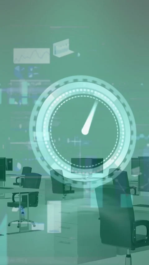 Animation of neon ticking clock and data processing against empty office Stock Footage 319068896