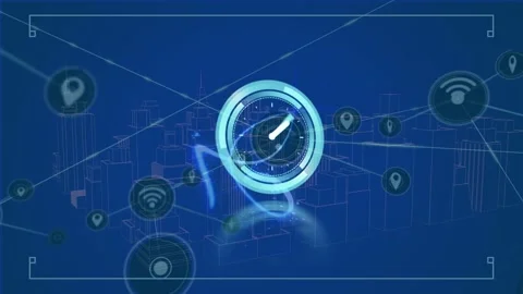 Animation of neon ticking clock and network of digital icons over 3d city model Stock Footage 326303142