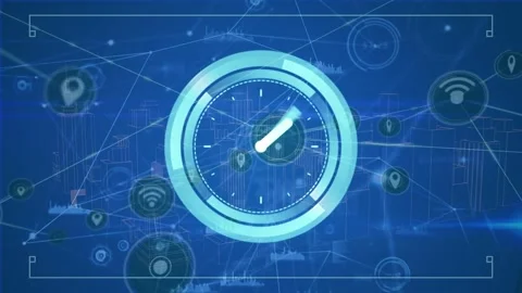 Animation of neon ticking clock and network of digital icons over 3d city model Stock Footage 327960986