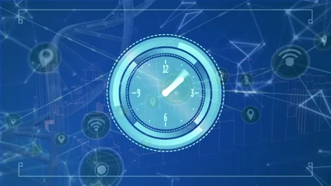 Animation of neon ticking clock and network of digital icons over 3d city model Stock Footage 328931344