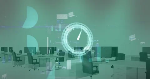 Animation of neon ticking clock and data processing against empty office Stock Footage 329560932