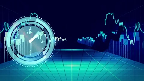 Animation of neon ticking clock and statistical data processing over grid Stock Footage 330179321