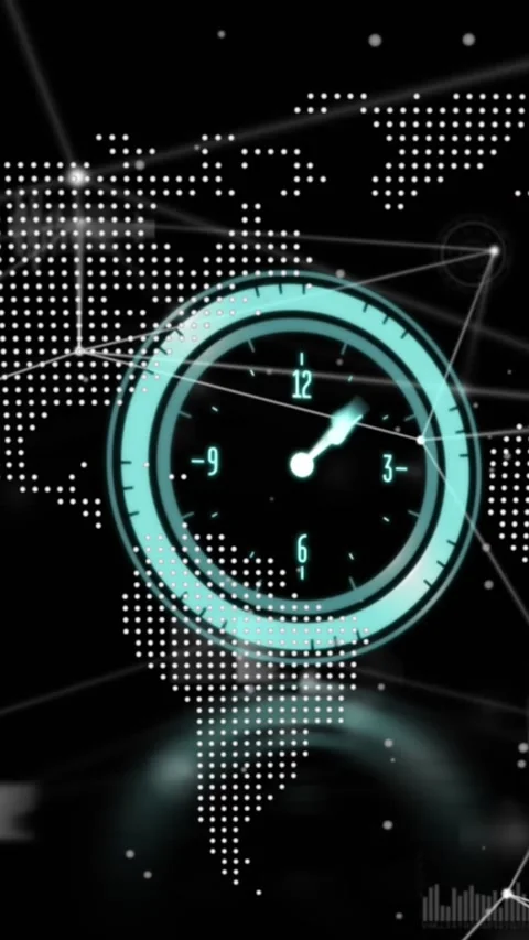 Animation of neon ticking clock and network of connections against world map and Stock Footage 344011895