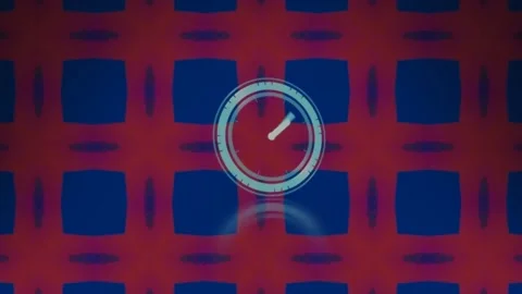 Animation of neon ticking clock over red kaleidoscopic patterns against blue Stock Footage 224617874