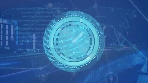 Animation of neon ticking clock over globe and world map against time-lapse of Stock Footage 233650569