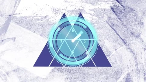 Animation of neon ticking clock over abstract triangular shape against grunge Stock Footage 327784175