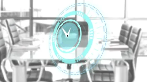 Animation of neon ticking clock over round scanner against empty office Stock Footage 329854521