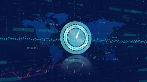 Animation of neon ticking clock over financial data processing and world map on Stock Footage 329864299