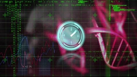 Animation of neon ticking clock over spinning dna structures and data processing Stock Footage 330776138