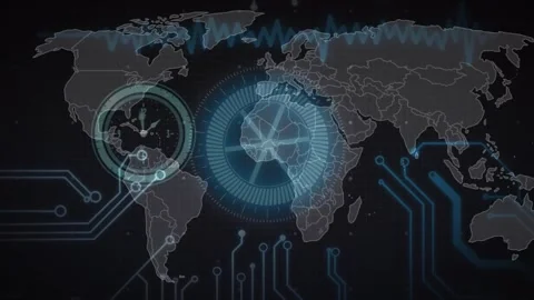 Animation of neon ticking clock, round scanner and microprocessor connections Stock Footage 243719437