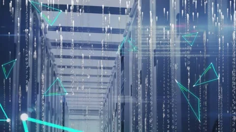 Animation of neon triangle shapes and light trails falling against data Stock Footage 327710101