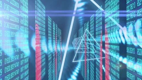 Animation of neon triangle shapes in seamless pattern against binary coding 스톡 동영상 329372377