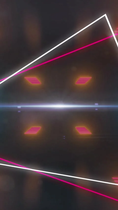 Animation of neon triangles over blue and red lights on black background Stock Footage 322084374