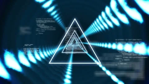 Animation of neon triangles over data processing on black background Stock Footage 329925629