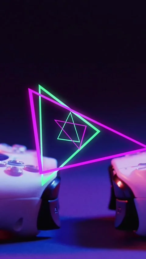 Animation of neon triangles over video game computer pads Stock Footage 320165235