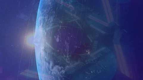 Animation of neon triangles spinning over earth globe and outer space Stock Footage 313394971