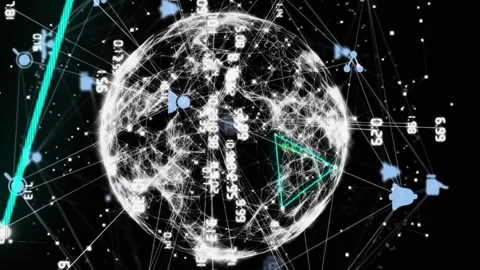 Animation of neon triangular shapes over globe of network of connections against Stock Footage 313369432