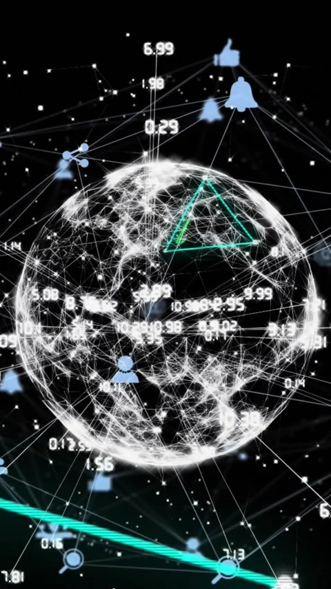 Animation of neon triangular shapes over globe of network of connections against Stock Footage 321265560