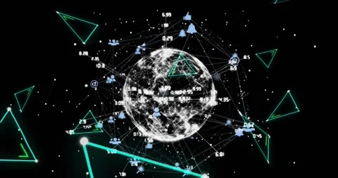 Animation of neon triangular shapes over globe of network of connections against Stock Footage 327524517